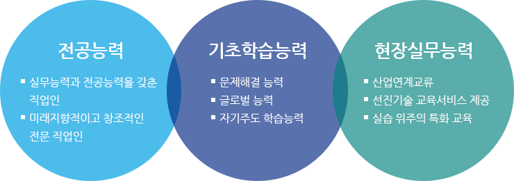 1. 전공능력-실무능력과 전공능력을 갖춘 직업인, 마래지향적이고 창조적인 전문 직업인 2. 기초학습능력-문제해결능력, 글로벌능력, 자기주도 학습능력 3. 현장실무능력-산업연계교류, 선진기술 교육서비스 제공, 실습위추의 특화교육